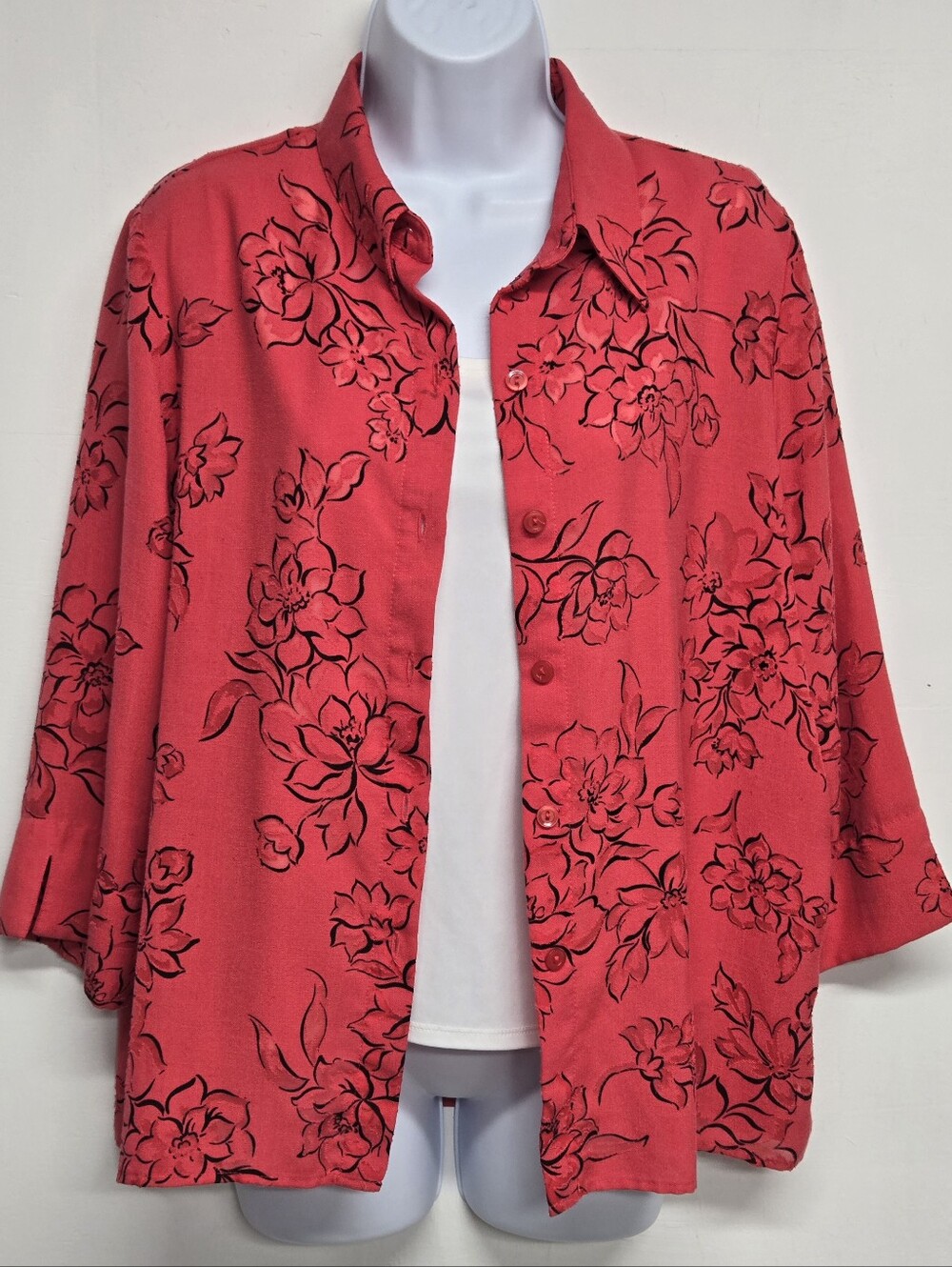 Alfred Dunner Petite 12P Twinset Connected Top Half Sleeve Floral Button Down